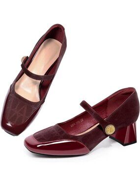 Women's Wine Square Toe Mary Jane Comfortable Closed Toe Chunky Block Heels